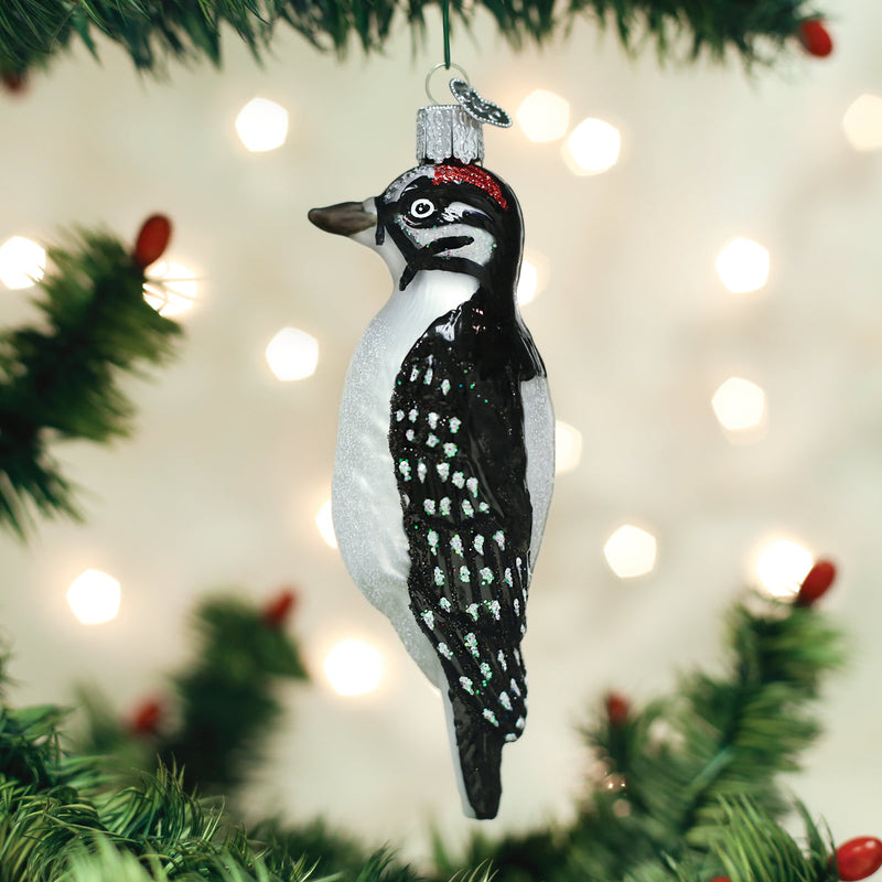 Hanging Hairy Woodpecker Glass Ornament