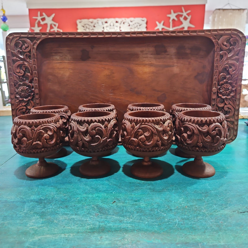 1960's Vintage Carved Wood Decorative Tray and Cup Set