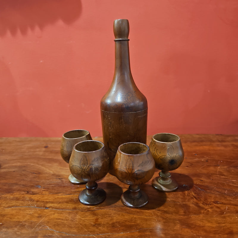 Vintage Wooden Bottle and 4 Mini Goblets