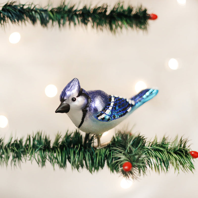 Clip-On Bright Blue Jay Glass Ornament