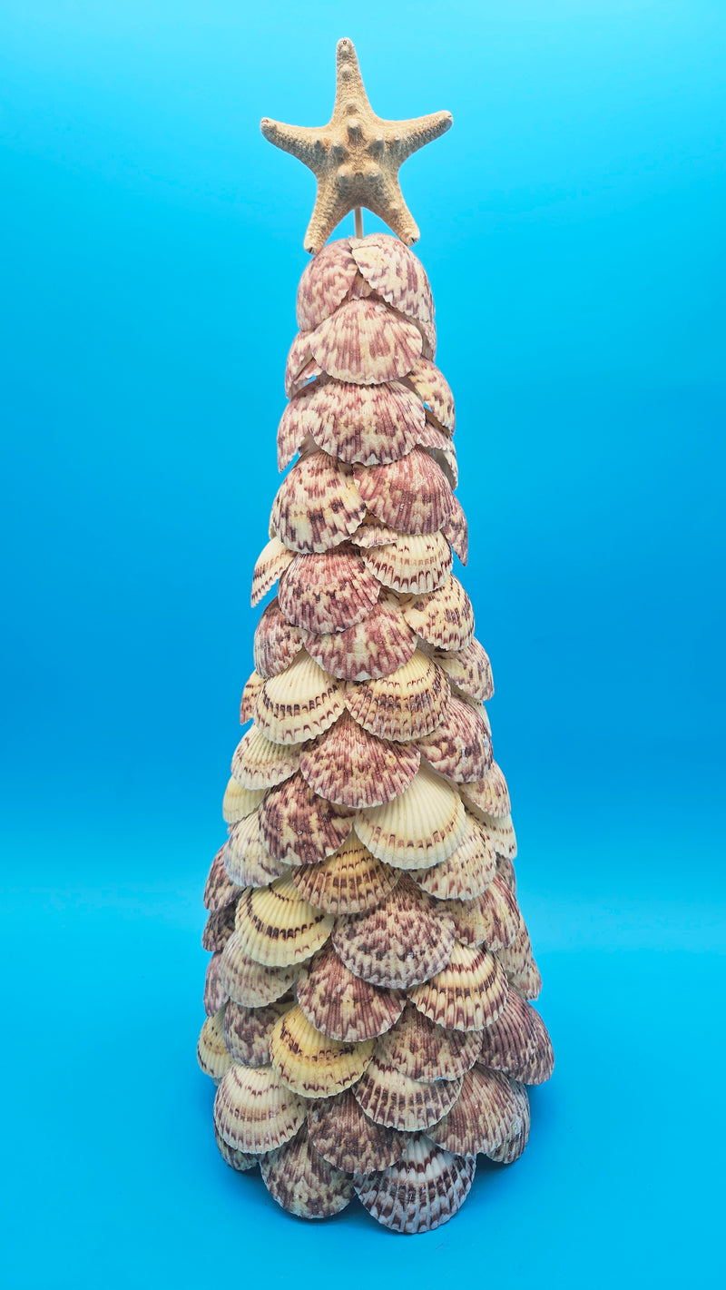 Handmade scallop shell Christmas tree with starfish topper on blue background.