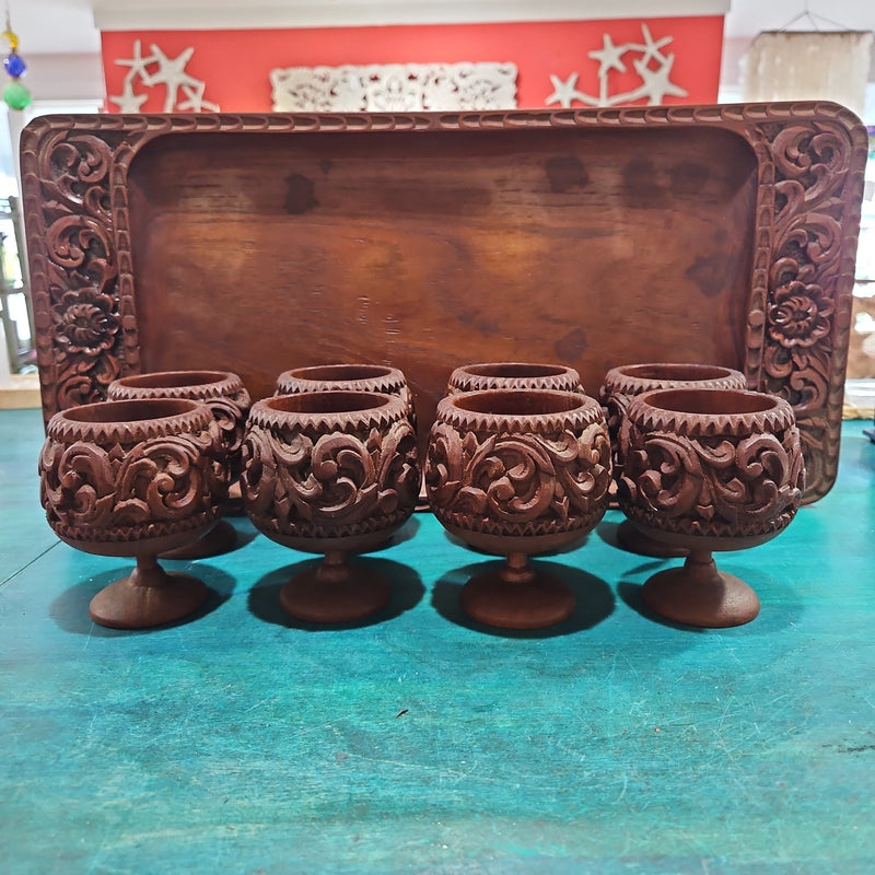 1960's Vintage Carved Wood Decorative Tray and Cup Set - Decorative TraysLoving Coastal Living