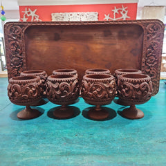 1960's Vintage Carved Wood Decorative Tray and Cup Set - Decorative TraysLoving Coastal Living