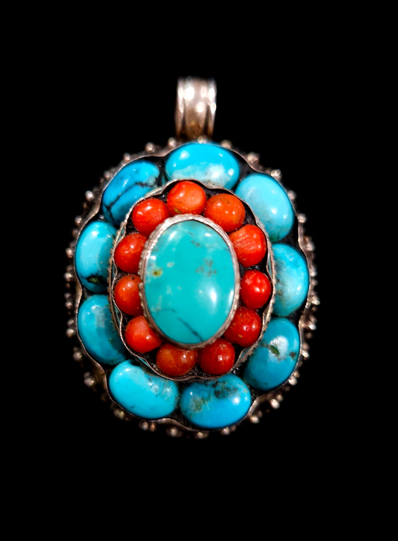 Turquoise And Red Coral Pendant