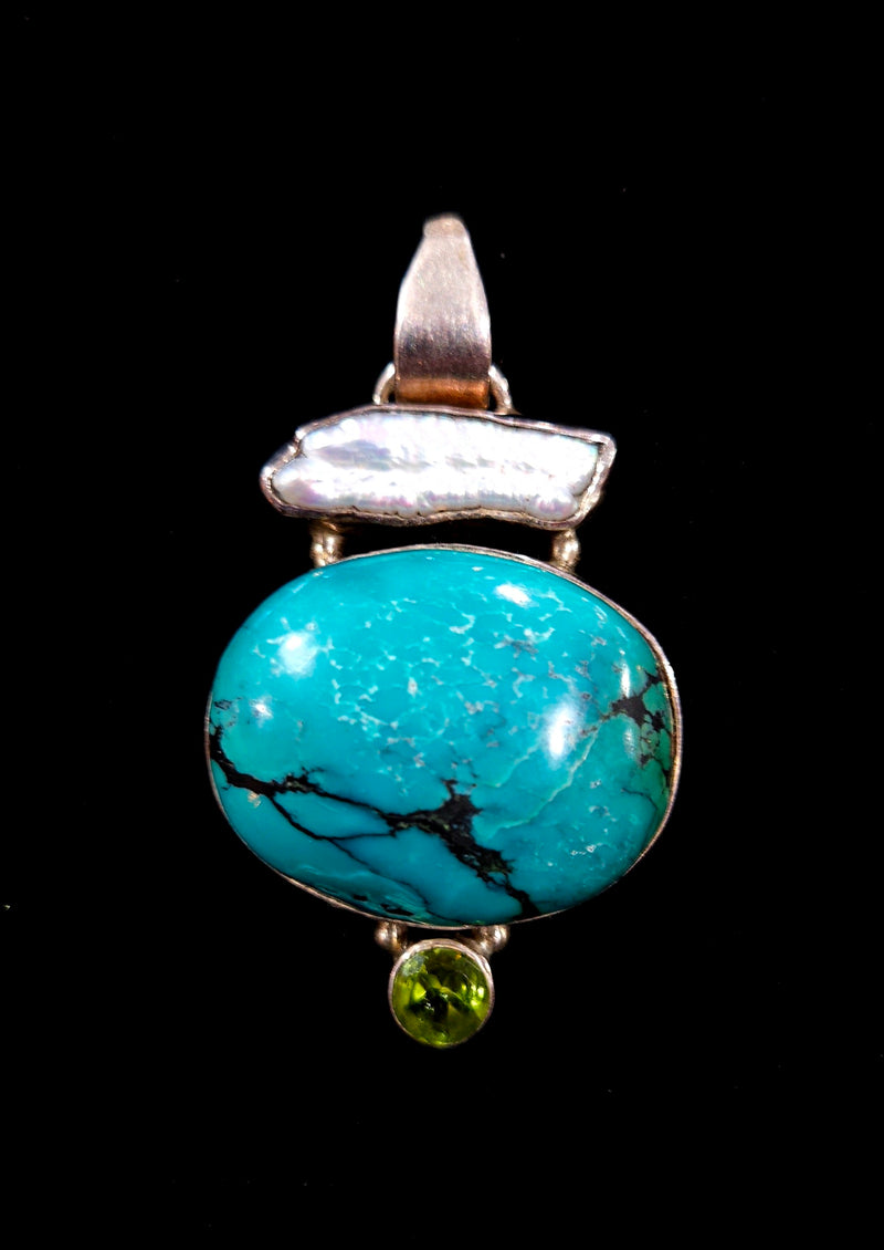 Stirling Silver Turquoise Biwa Pearl And Peridot Pendant