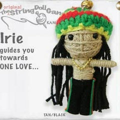 Handmade Irie String Doll Keychain with vibrant Rastafarian-inspired design, featuring a fabric tag and lobster clasp.