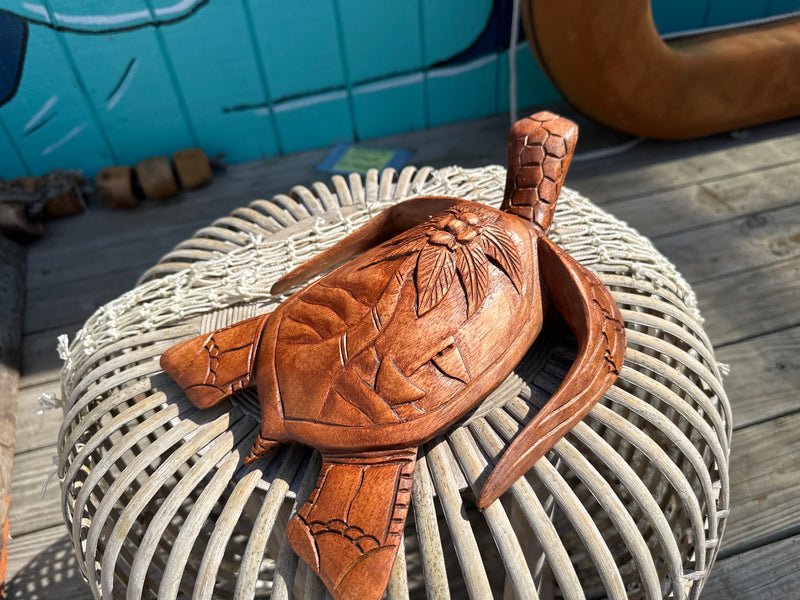 Wooden Turtle with Palm Tree Carving