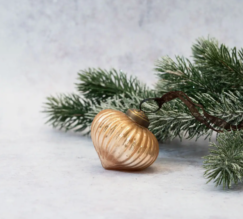 2" Champagne Ribbed Lantern Glass Christmas Ornament with an ornate bronze cap and coordinating ribbon, perfect for festive holiday decor.