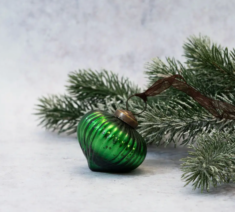 2" Emerald Ribbed Lantern Glass Christmas Ornament with a bronze cap and organza ribbon, perfect for holiday decorations.