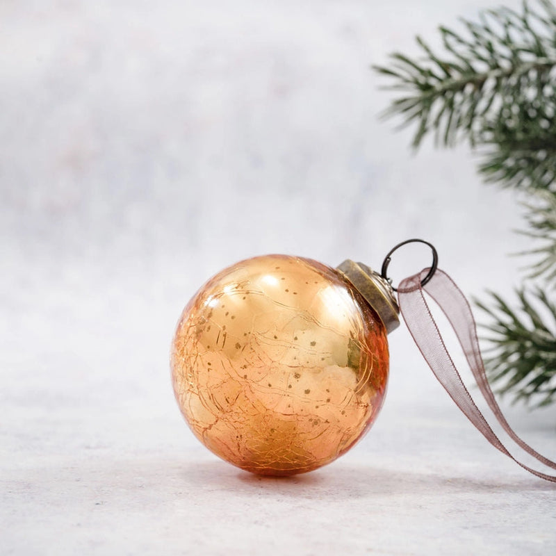 2" Honey Crackle Glass Christmas Bauble with bronze cap and organza ribbon