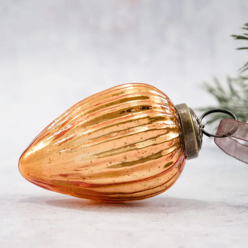 2" Honey Glass Pinecone Ornament with bronze cap and organza ribbon