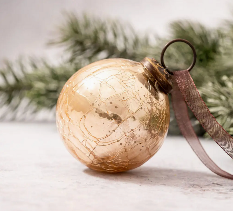 2" Medium Champagne Crackle Glass Christmas Bauble with a bronze cap and organza ribbon, featuring a crackle effect and champagne shimmer.