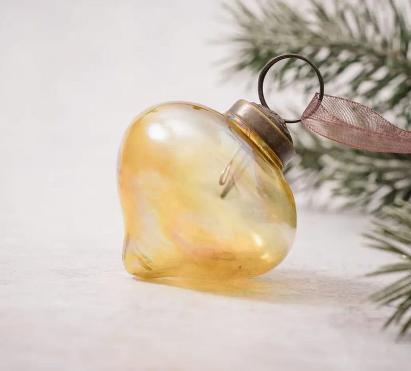 2" Medium Gold Luster Glass Lantern Christmas Ornament with an iridescent finish and bronze cap, perfect for elegant holiday decorations.