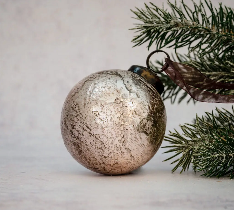 2" Medium Rose Antique Foil Glass Christmas Bauble with a unique textured finish and bronze cap, perfect for elegant holiday decor.