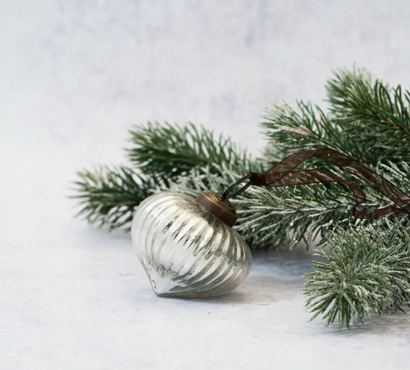 2" Silver Ribbed Lantern Glass Christmas Ornament with a bronze cap and organza ribbon, perfect for holiday decorations.