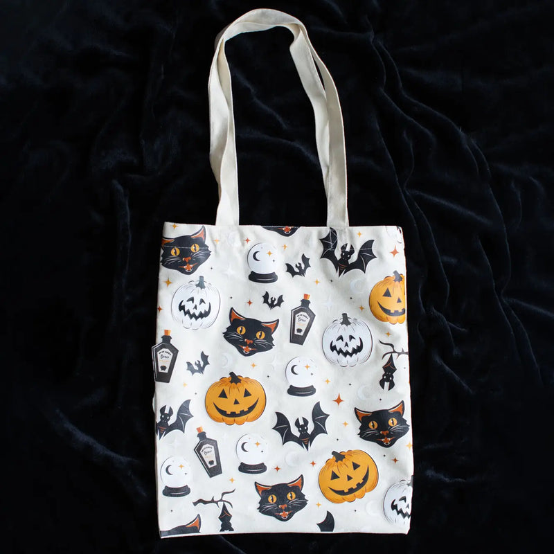 Spooky Cat and Pumpkin Print Halloween Polycotton Tote Bag