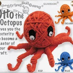 Handmade Otto the Octopus String Doll Keychain featuring a vibrant octopus design with a fabric tag and lobster clasp.