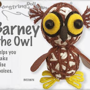 Handmade Barney the Owl String Doll Keychain with earthy tones, fabric tag, and lobster clasp.