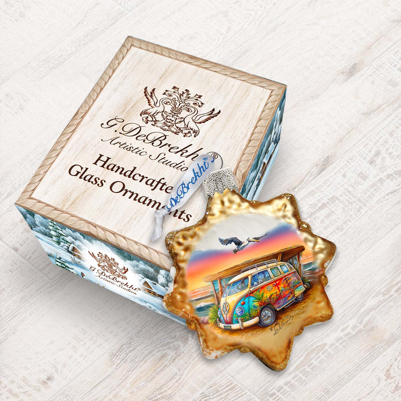 Nautical Christmas Decor - Beach Surf Van Keepsake Glass Ornaments by G. Debrekht - Coastal Holiday Decor