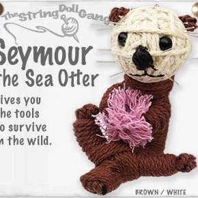 Handmade Seymour the Sea Otter String Doll Keychain featuring a sea otter-inspired design with fabric tag and lobster clasp.