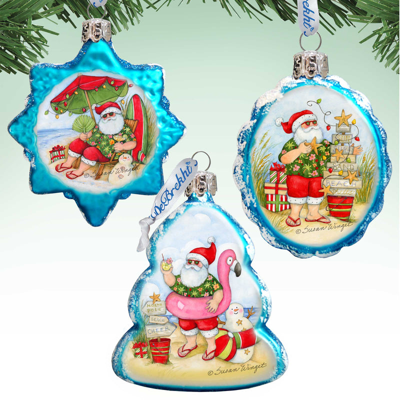 Santa at the Beach Mercury Glass Ornaments Gift Set of 3- Coastal Christmas Boxed Set