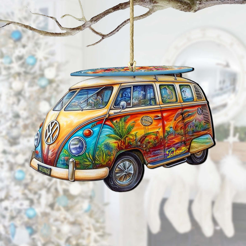 Beach Themed Ornaments - Hippie Van Wooden Ornaments by G.Debrekht Coastal Holiday Decor