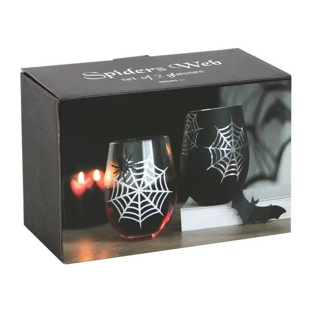 Set of 2 Gothic Spider and Web Stemless Wine Glasses