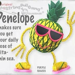 Handmade Penelope the Pineapple String Doll Keychain featuring a bright pineapple-inspired design with fabric tag and lobster clasp.