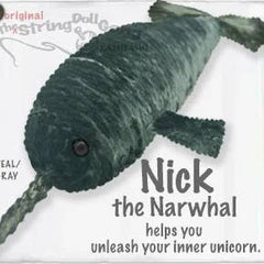 Handmade Nick the Narwhal String Doll Keychain featuring a whimsical narwhal