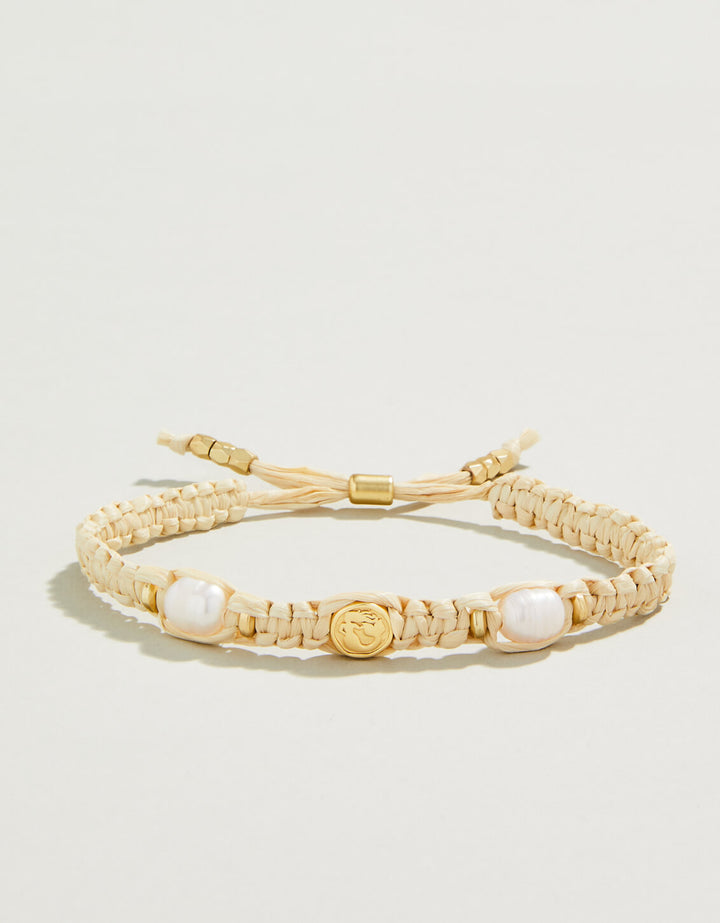 Straw Slide Bracelet Natural/Pearl with freshwater pearls, 18kt matte gold-plated beads, and natural straw band.