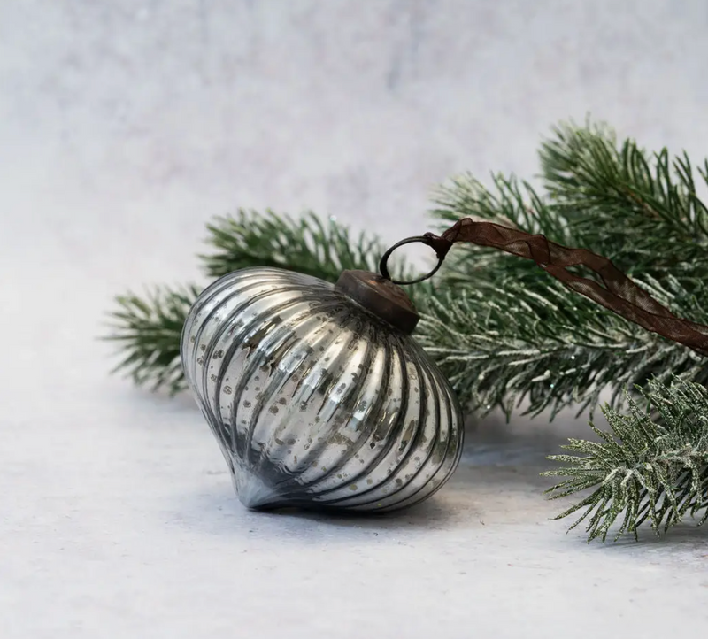 3" Slate Ribbed Lantern Glass Christmas Ornament with bronze cap and ribbon.