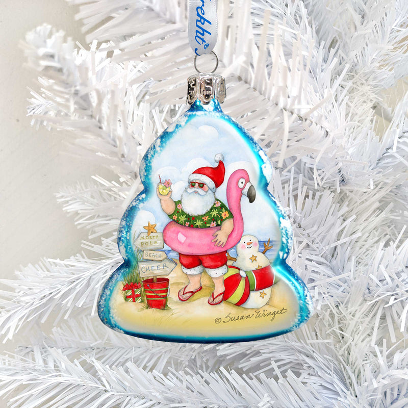 Santa at the Beach Mercury Glass Ornaments Gift Set of 3- Coastal Christmas Boxed Set