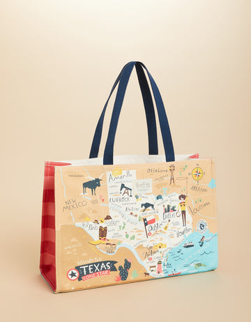 Market Tote with Texas map illustration, durable laminated cotton, and cotton-webbed shoulder straps.