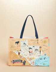 Market Tote with Texas map illustration, durable laminated cotton, and cotton-webbed shoulder straps.