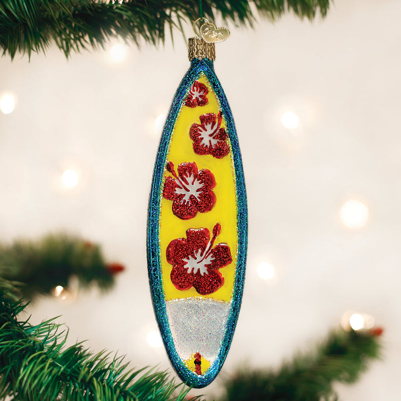 Tropical Surfboard Glass Ornament