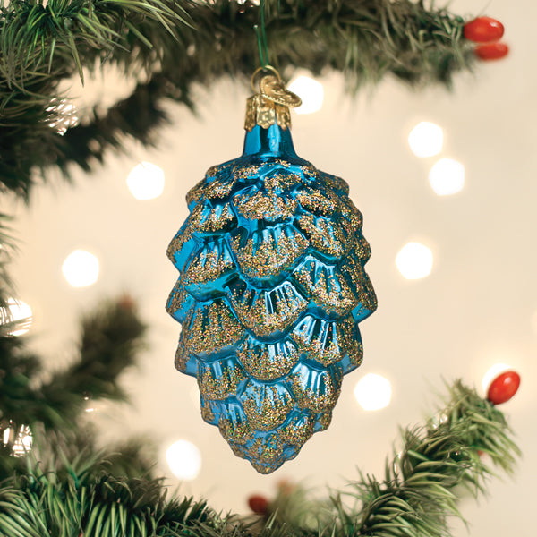 Blue Ponderosa Pine Cone Glass Ornament