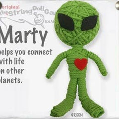 Handmade Marty the Alien String Doll Keychain featuring a quirky alien design, with a fabric tag and lobster clasp.