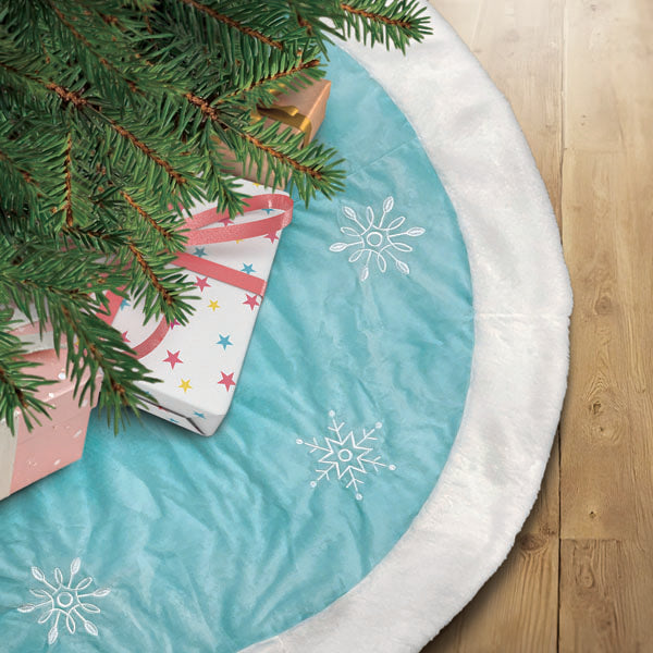 Pastel Blue Snowflake Embroidered Tree Skirt – 48" Faux Fur Trim
