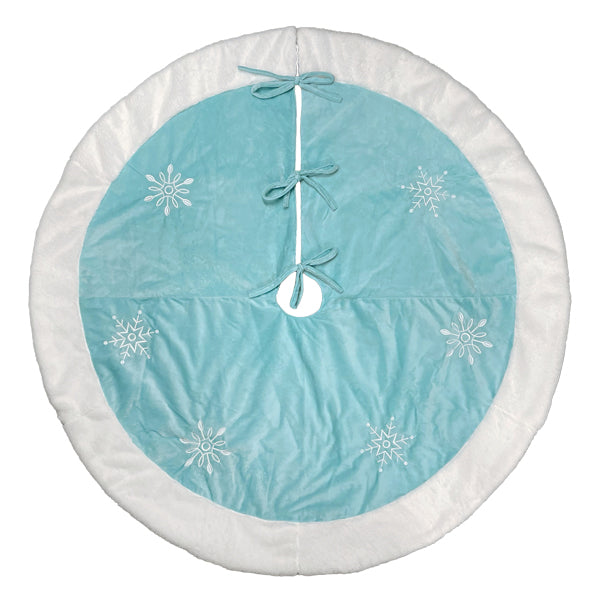 Pastel Blue Snowflake Embroidered Tree Skirt – 48" Faux Fur Trim