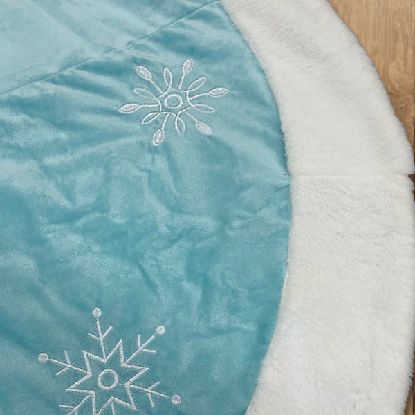 Pastel Blue Snowflake Embroidered Tree Skirt – 48" Faux Fur Trim