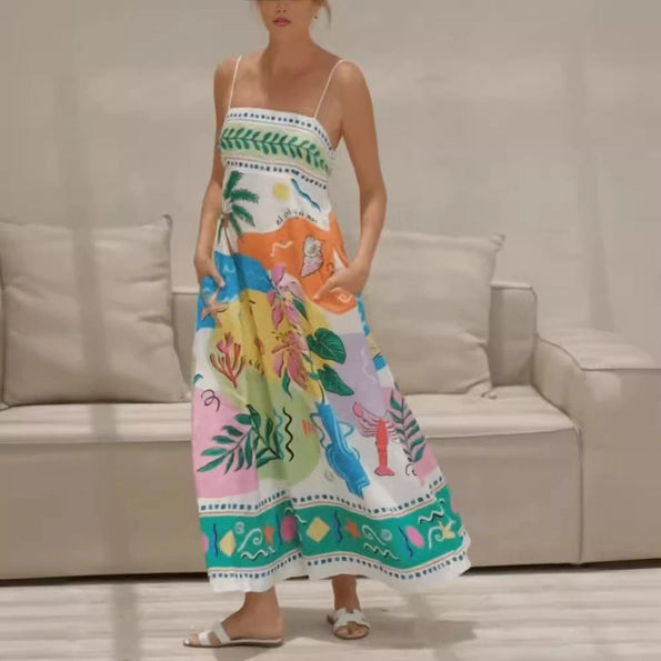 Tropical Multicolor Print Spaghetti Strap Maxi Dress with Pockets