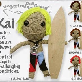 Handmade Kai Boy the Surfer String Doll Keychain with surf-inspired design, featuring a fabric tag and lobster clasp.