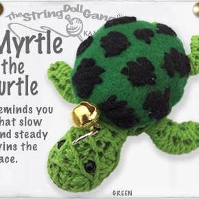 Handmade Myrtle the Turtle String Doll Keychain featuring a charming turtle design, with a fabric tag and lobster clasp.