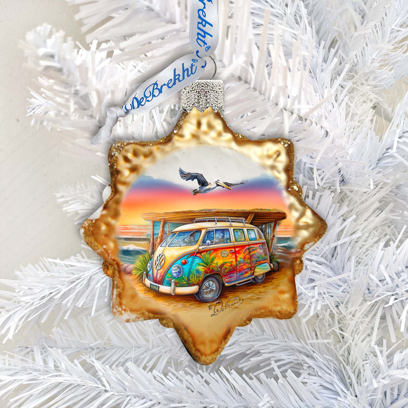Nautical Christmas Decor - Beach Surf Van Keepsake Glass Ornaments by G. Debrekht - Coastal Holiday Decor