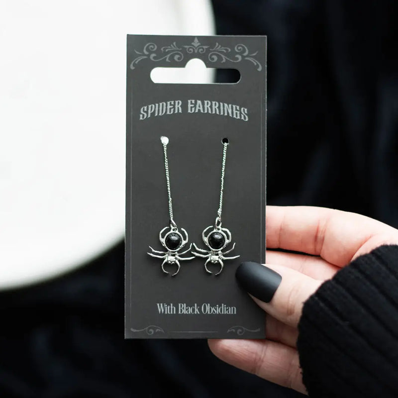 Gothic Black Obsidian Spider Threader Earrings