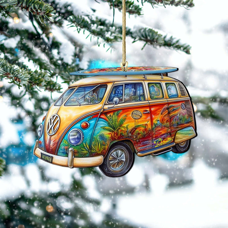 Beach Themed Ornaments - Hippie Van Wooden Ornaments by G.Debrekht Coastal Holiday Decor