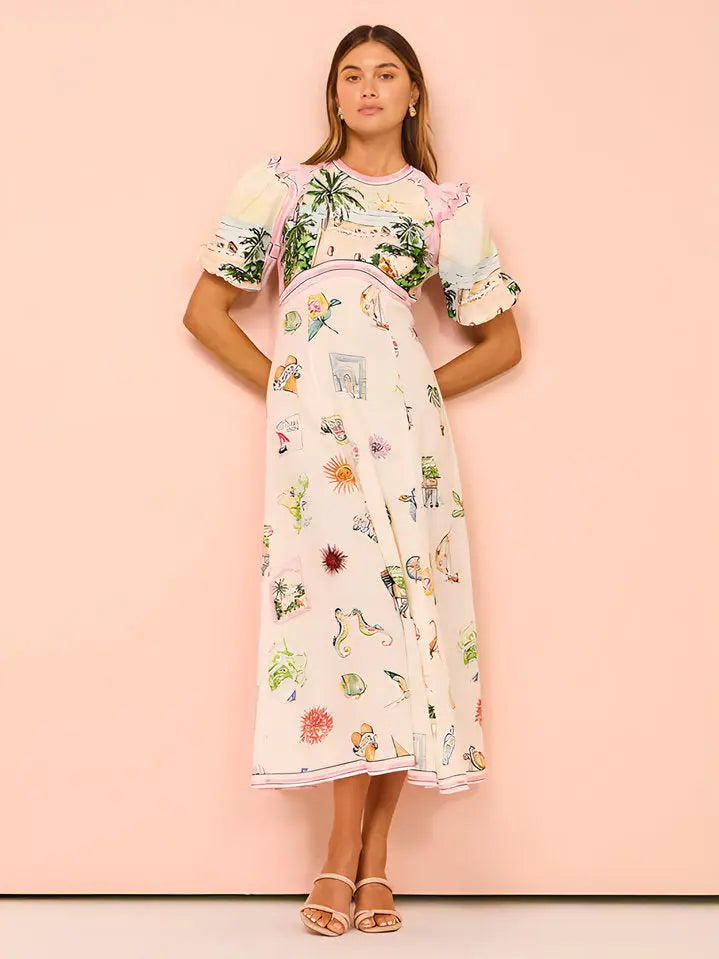 Boho Summer Maxi Dress – Vintage Print Puff Sleeve Resort Style