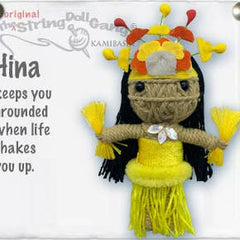 Handmade Hina the Tahitian Dancer String Doll Keychain featuring a vibrant dancer design with fabric tag and lobster clasp.