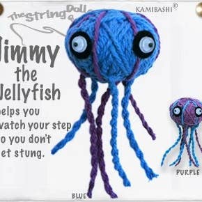 Handmade Jimmy the Jellyfish String Doll Keychain with a whimsical jellyfish design, featuring a fabric tag and lobster clasp.