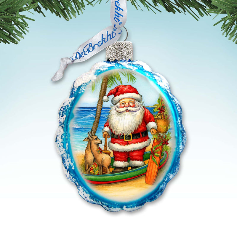 Holiday Coastal Décor - Surfer Santa on the Beach Keepsake Glass Ornaments by G. Debrekht - Christmas Décor